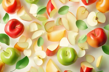 Wall Mural - Red and green apples sliced and whole with leaves