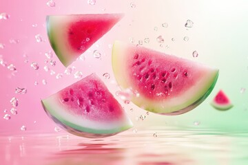 Wall Mural - Watermelon slices falling into water creating splashes