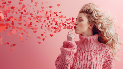 Wall Mural - Woman in pink sweater blowing heart-shaped petals on a romantic background