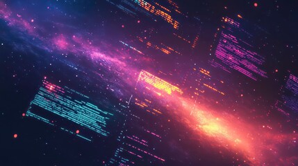 Leinwandbilder - Abstract digital data stream; glowing code lines streak across dark space, resembling a cosmic nebula.