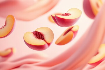 Canvas Print - Peach slices falling against a pink background