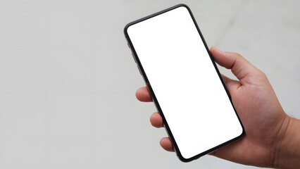 Close up hand holding phone with white empty blank screen. Technology concept. Copy space