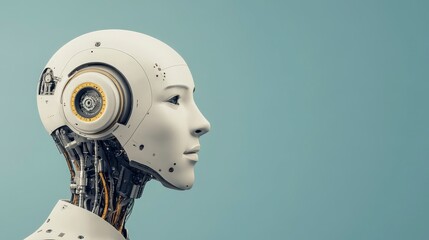 Poster - Futuristic humanoid robot head with intricate details on a soft blue background