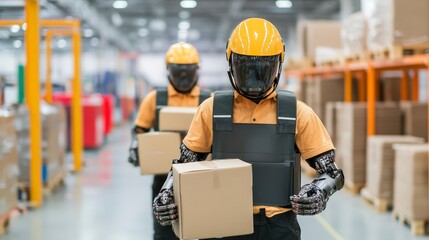 Poster - Humanoid Robots with Yellow Helmets Transporting Boxes in Modern Warehouse Setting