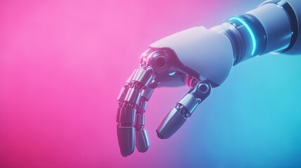 Poster - Futuristic Robotic Hand Reaching Out Against a Vibrant Pink and Blue Background