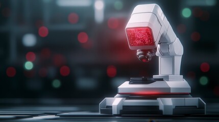 Poster - Futuristic Robotic Arm with Glowing Red Light in Advanced Technology Environment