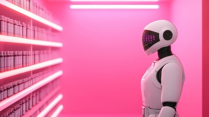 Poster - Futuristic humanoid robot with neon lights in high-tech storage environment