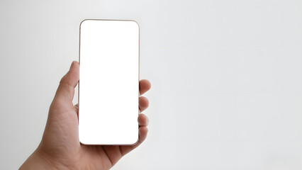 Close up hand holding phone with white empty blank screen. Technology concept. Copy space