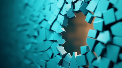 Poster - Abstract blue wall with cracked pieces creating a circular hole in the center