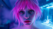 © Chanika - A captivating close-up of a woman with glowing pink and purple hair flowing softly, surrounded by neon mist, her strands embedded with subtle celestial shapes. AI-generated