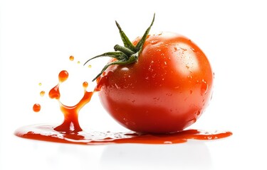 Poster - Juicy red tomato with splash of juice isolated on white.