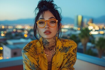 Poster - Stylish woman in yellow shirt and glasses. AI.