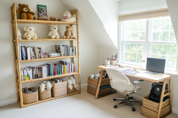Poster - Bright kids' room with bamboo shelving, desk, and toys.