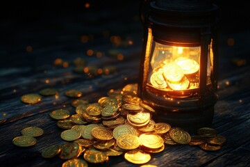 Canvas Print - Golden Coins Illuminated Inside An Old Lantern