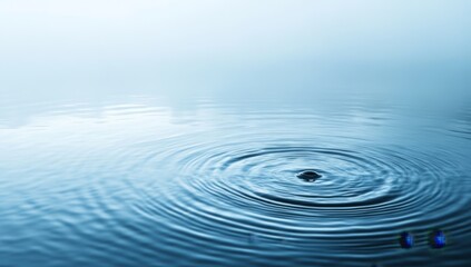 Poster - Water droplet falling, creating concentric ripples on a calm, misty lake surface.