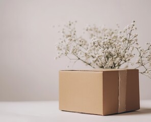 Wall Mural - Simple gift box with baby's breath flowers.