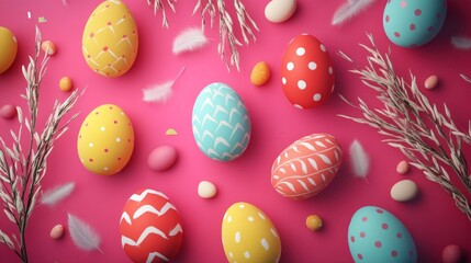 Wall Mural - Colorful Easter eggs, feathers, candy, wheat; festive spring background