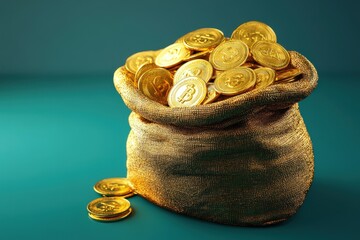 A Golden Bag Filled With Bitcoin Cryptocurrency Coins