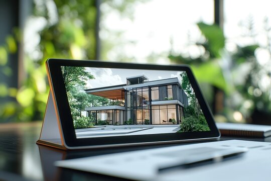 Modern House Design on Tablet Screen: Architectural Visualization