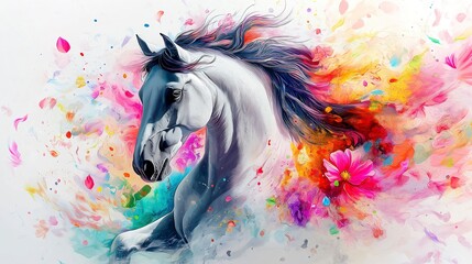 Naklejka na meble Vibrant horse painting surrounded by colorful splashes and floral elements in an artistic display