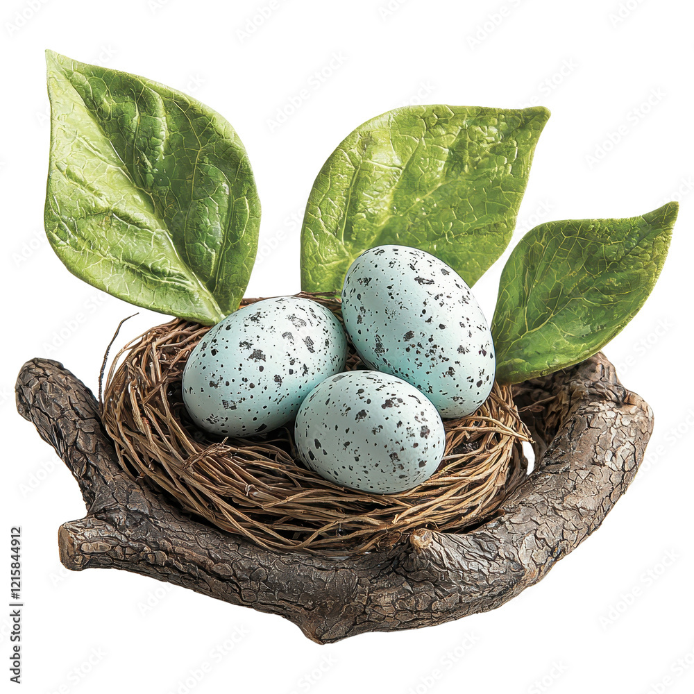 Bird nest with three speckled blue eggs and green leaves on transparent ...