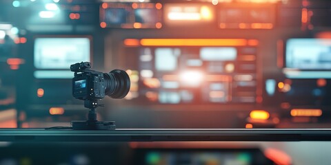 DSLR camera on slider in a modern studio control room.