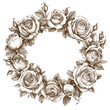 © easybanana - A drawing of a wreath of roses with a white background. The roses are of various sizes and are arranged in a circular pattern. The drawing has a vintage feel to it