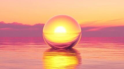 reflective sphere showcasing serene sunset over water with soft pink hues and a calm atmosphere