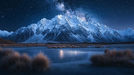 Starry sky over mountains at night with Milky Way galaxy visible in the distance dark blue and white background minimalistic bright tone modern blurred empty blank caption space on the side

