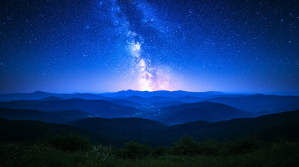 Starry sky over mountains at night with Milky Way galaxy visible in the distance dark blue and white background minimalistic bright tone modern blurred empty blank caption space on the side

