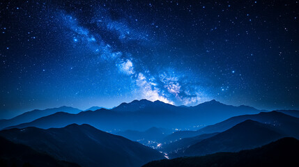 Starry sky over mountains at night with Milky Way galaxy visible in the distance dark blue and white background minimalistic bright tone modern blurred empty blank caption space on the side

