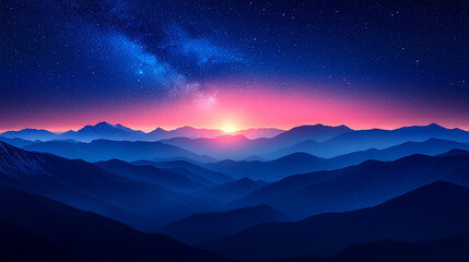 Starry sky over mountains at night with Milky Way galaxy visible in the distance dark blue and white background minimalistic bright tone modern blurred empty blank caption space on the side

