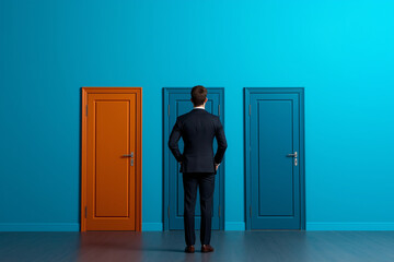 businessman in suit stands in front of three colorful doors, contemplating his choices. vibrant colors create striking contrast against blue wall, evoking sense of decision making and opportunity