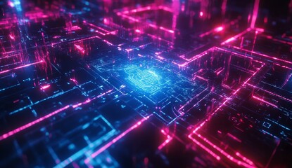 Poster - Abstract digital city glowing with pink and blue neon lights.