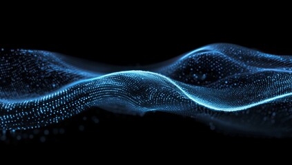 Poster - abstract blue wave particle flow on black background.
