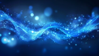 Poster - Abstract blue glowing wave with sparkling particles on dark background.
