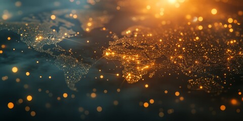 Poster - Global network connection, illuminated world map at night.