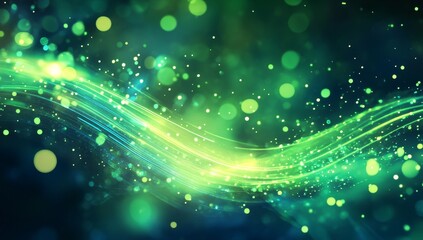 Poster - Abstract green wave with bokeh lights.
