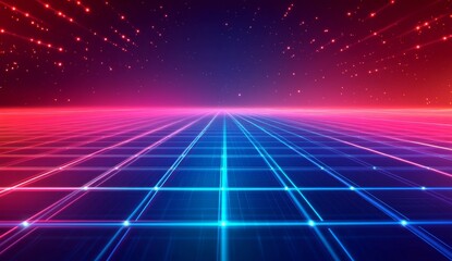 Poster - futuristic grid landscape with vibrant neon lines and glowing particles.