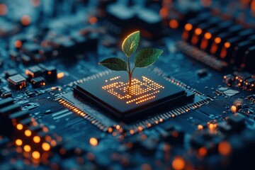Poster - Green sprout on a circuit board, glowing orange. Illustrates sustainable technology, green computing.