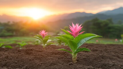 Pink Bromeliad Flowers Growing at Sunset