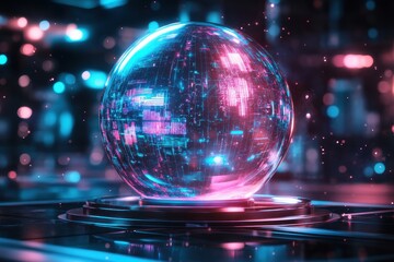 Poster - Glowing sphere with pink & blue digital data inside, on dark platform. Perfect for tech, futuristic, AI, or data visualization projects.