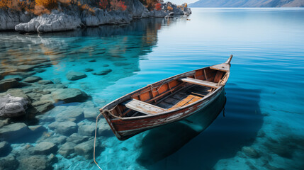 Canvas Print -  Wooden boats on lake . Blue lake and ancient wooden boat.