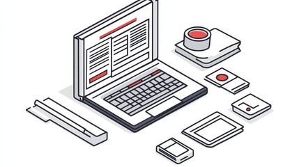 Poster - Isometric Illustration of a Laptop and Various Computer Peripherals and Components