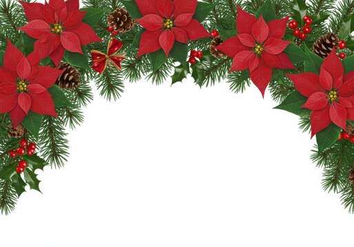 Christmas border, festive decoration, poinsettia flowers, pine branches, holly berries, pine cones, red and green colors, white background, holiday arrangement, botanical illustration style