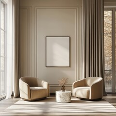 A small poster frame mockup on the wall of an apartment, a large window in front with two armchairs and a coffee table in marble next to it