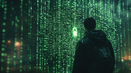 Poster - hacker in a dark room facing a wall of encrypted data, with green code