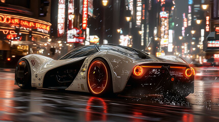 Wall Mural - Futuristic Supercar in a Rain-Soaked City at Night