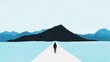 © Hoolity - A solitary figure walks along a narrow path towards a distant mountain, surrounded by calm water and a serene, minimalist landscape.