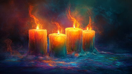 Wall Mural - Colorful candle flames illuminate a dark setting during Candlemas celebration